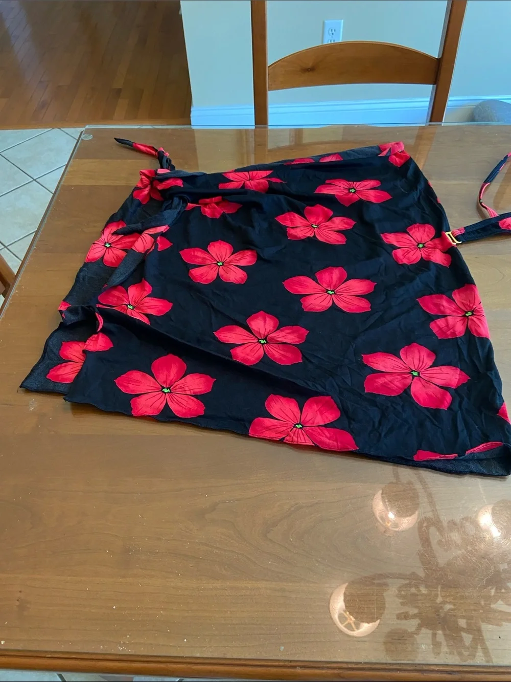 Jones New York Black and Red Floral Bikini and Sarong. Size 10.